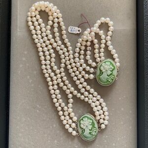 Fresh water Layered Multi Strand Necklace and Bracelet with Cameo clasp